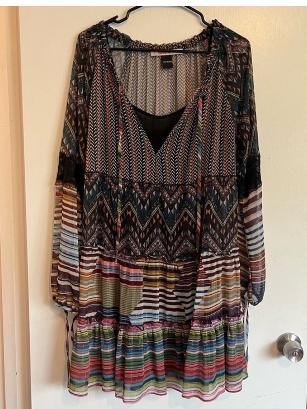 Desigual tiered long sleeve sheer multi pattern mini dress US size 8